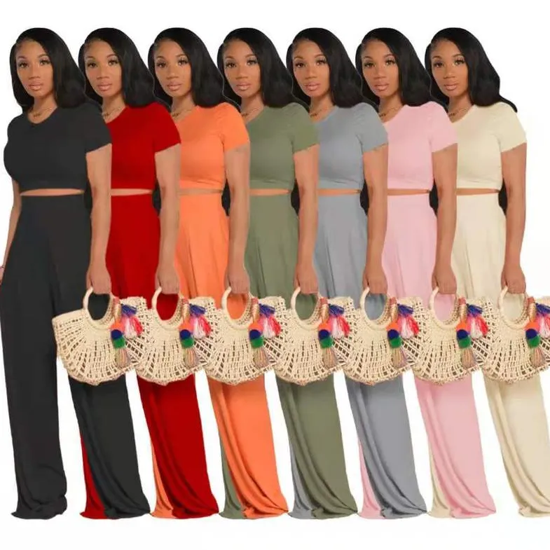 FREE SHIPPING women's casual solid color flared pants suit 2PC(FC8856)