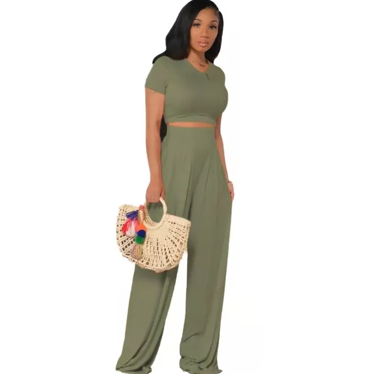 FREE SHIPPING women's casual solid color flared pants suit 2PC(FC8856)