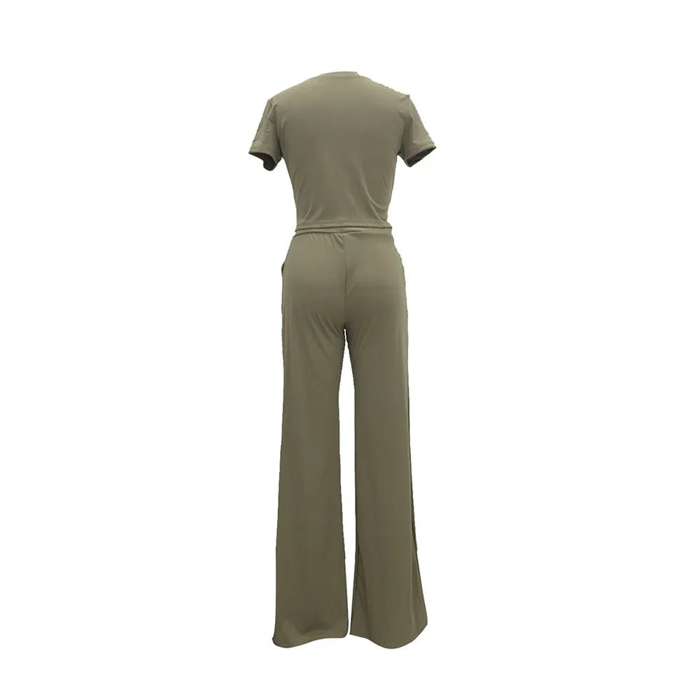 FREE SHIPPING women's casual solid color flared pants suit 2PC(FC8856)