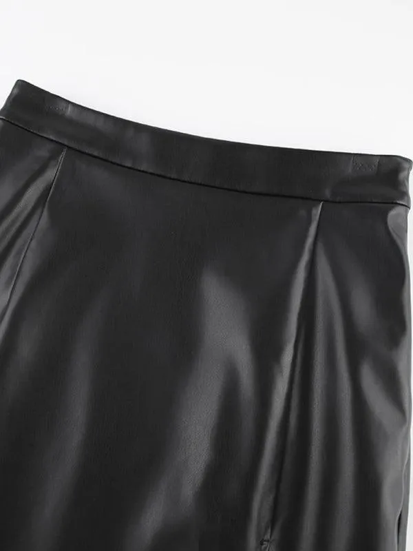 Front Slit Faux Leather Midi Pencil Skirt