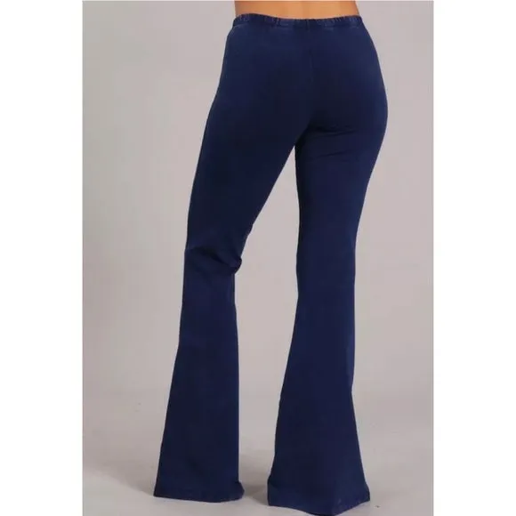 Galaxy Blue Boho Mineral Wash Flared Bell Bottom Stretch Pull On Pants Womens