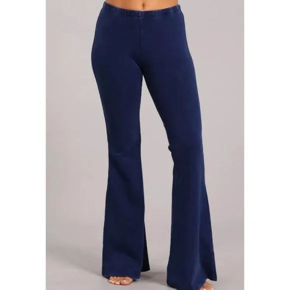 Galaxy Blue Boho Mineral Wash Flared Bell Bottom Stretch Pull On Pants Womens