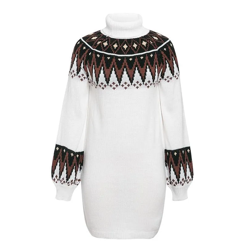 Geometric Print Knitted Casual Turtle Neck Pullover Sweater Retro Dress