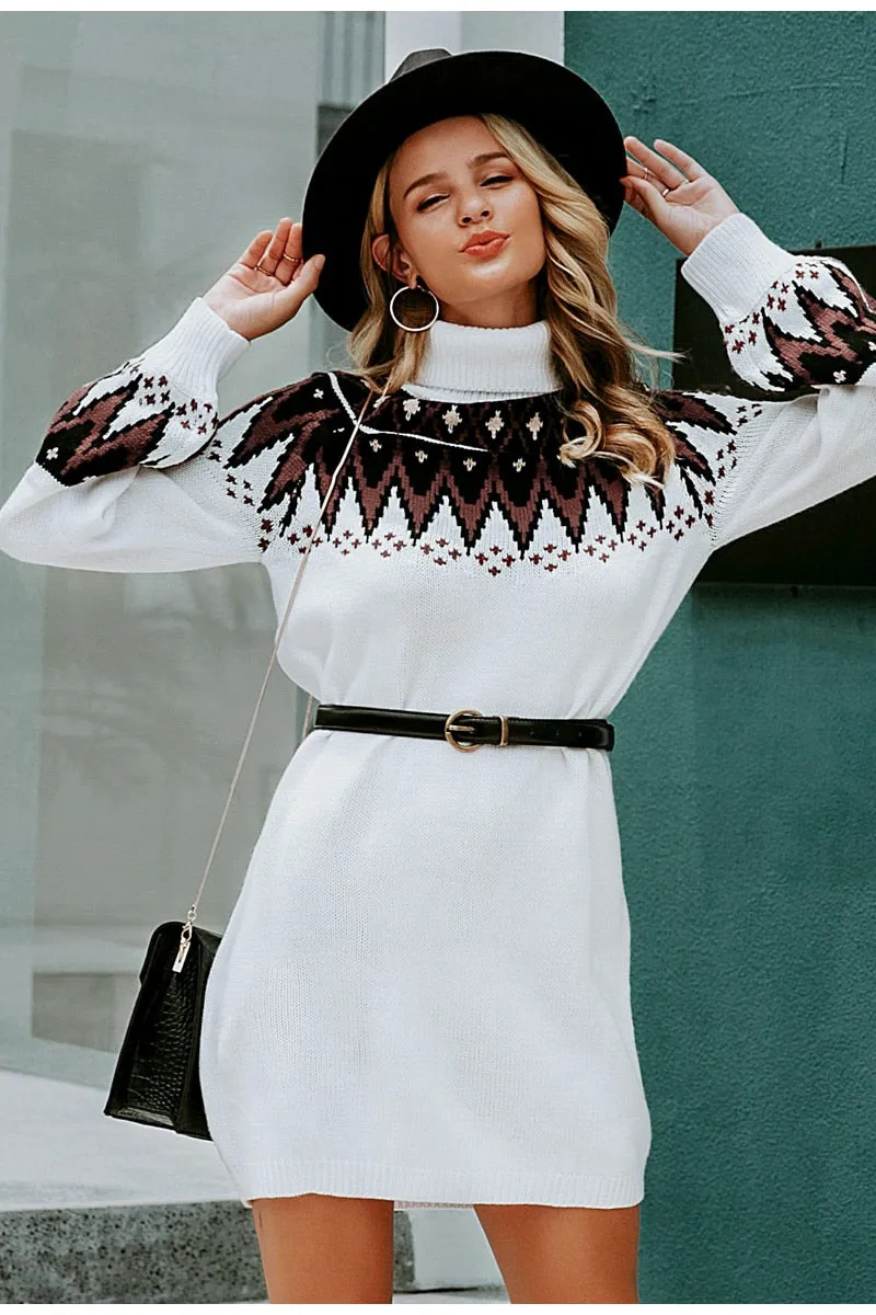 Geometric Print Knitted Casual Turtle Neck Pullover Sweater Retro Dress