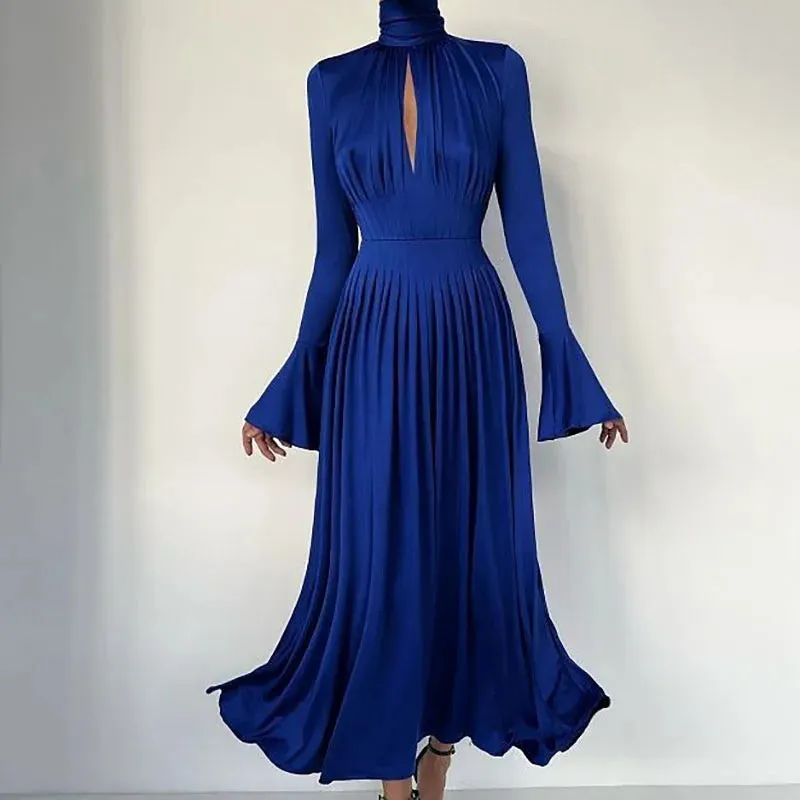 Girlary Casual Solid Pleated Women's Dresses Elegant Turtleneck Hollow Party Dress Autumn Solid Flare Sleeves High Waist Long Dress