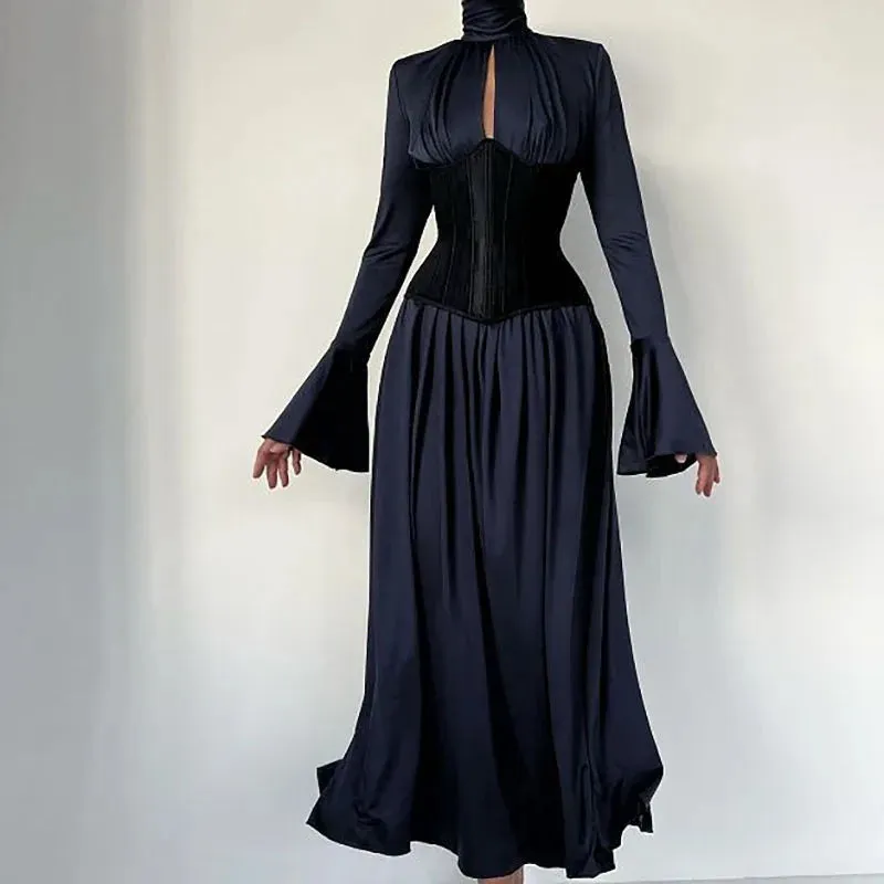 Girlary Casual Solid Pleated Women's Dresses Elegant Turtleneck Hollow Party Dress Autumn Solid Flare Sleeves High Waist Long Dress