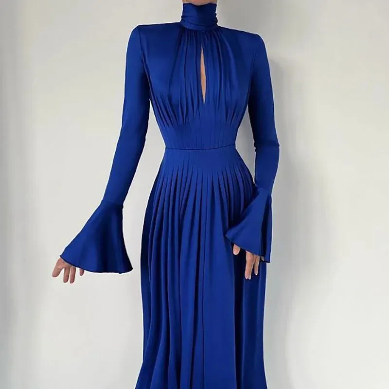 Girlary Casual Solid Pleated Women's Dresses Elegant Turtleneck Hollow Party Dress Autumn Solid Flare Sleeves High Waist Long Dress