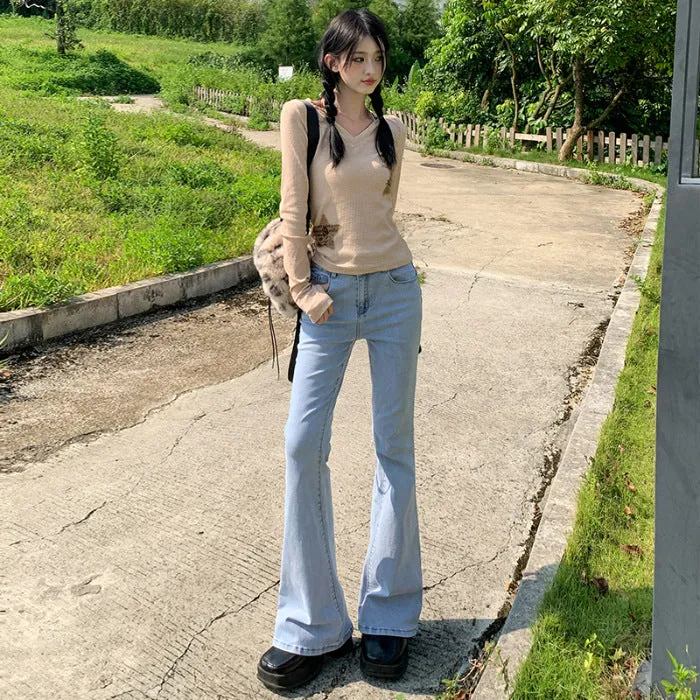 Girlary-shop fashion outfits Autumn New Hot Girl Low Waist Flared Pants Mop Pants Slim Slimming Small Jeans Horseshoe Pants for Women