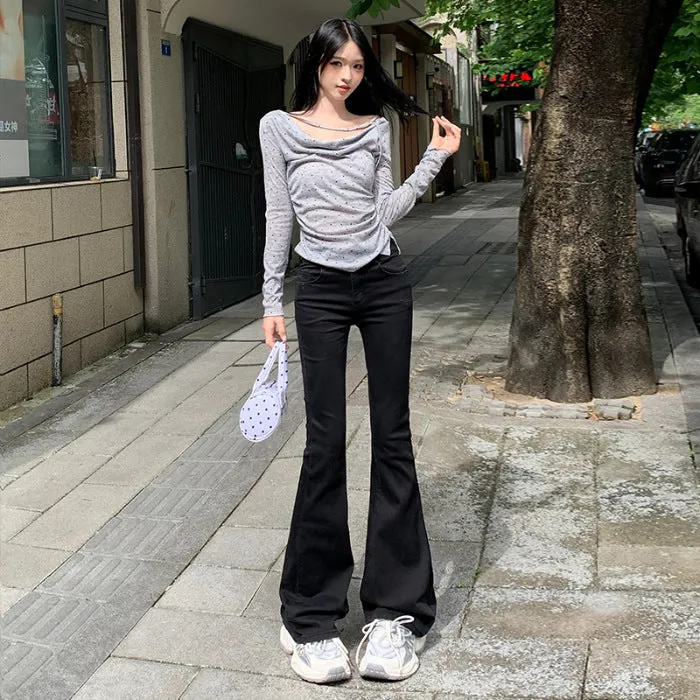 Girlary-shop fashion outfits Autumn New Hot Girl Low Waist Flared Pants Mop Pants Slim Slimming Small Jeans Horseshoe Pants for Women