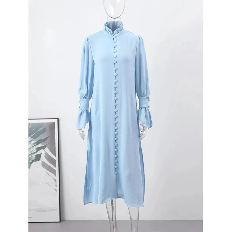 Girlary Women's Shirt Dress Spring Solid Women's High Waist Standing Neck French Casual Button Cardigan Bottom Split Flare Sleeve Dress