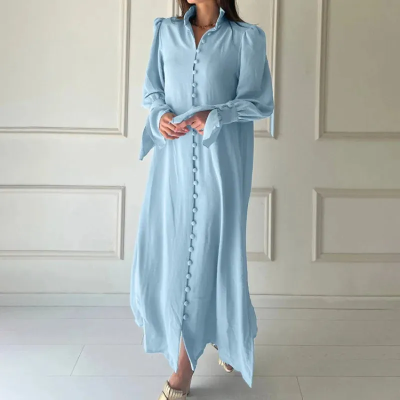 Girlary Women's Shirt Dress Spring Solid Women's High Waist Standing Neck French Casual Button Cardigan Bottom Split Flare Sleeve Dress