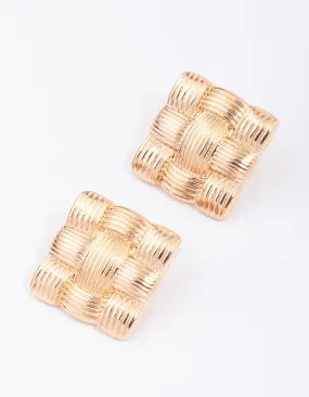 Gold Quilted Square Stud Earrings