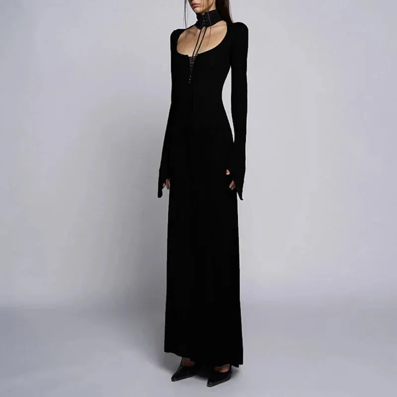 Gothic Turtleneck Choker Lace Up Long Dress