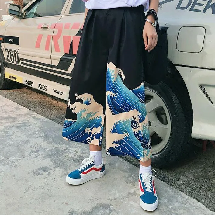 Great Wave Printed High Waist Loose Cropped Pants