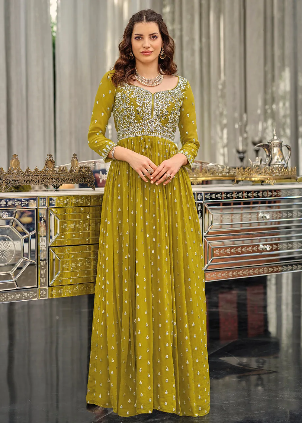 Green Mahendi Wedding Party Wear Long Anarkali Gown