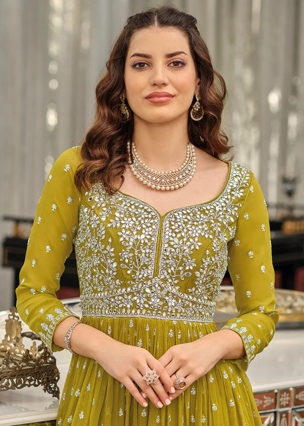 Green Mahendi Wedding Party Wear Long Anarkali Gown