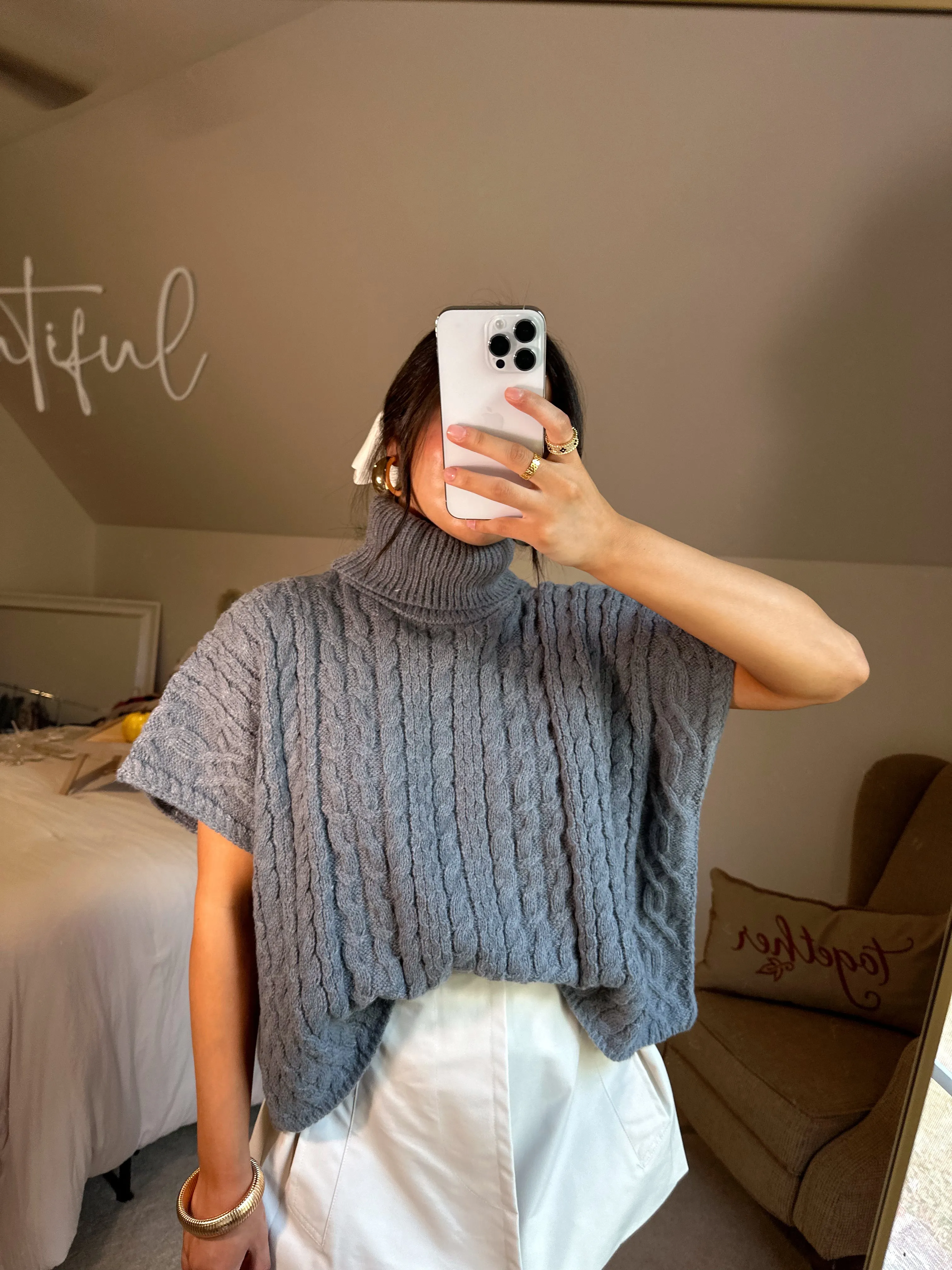 Grey Turtleneck Short Sleeve Sweater