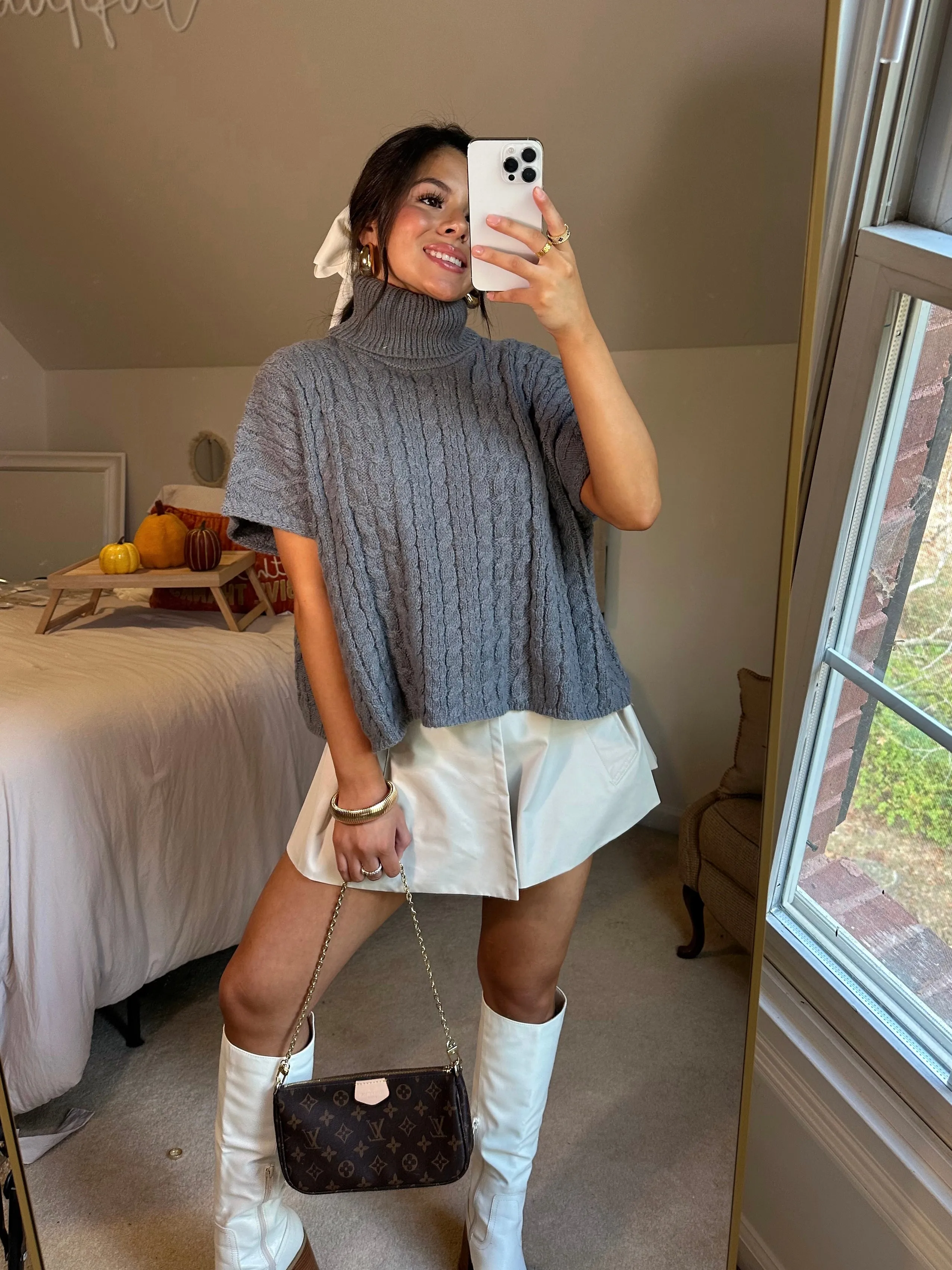 Grey Turtleneck Short Sleeve Sweater