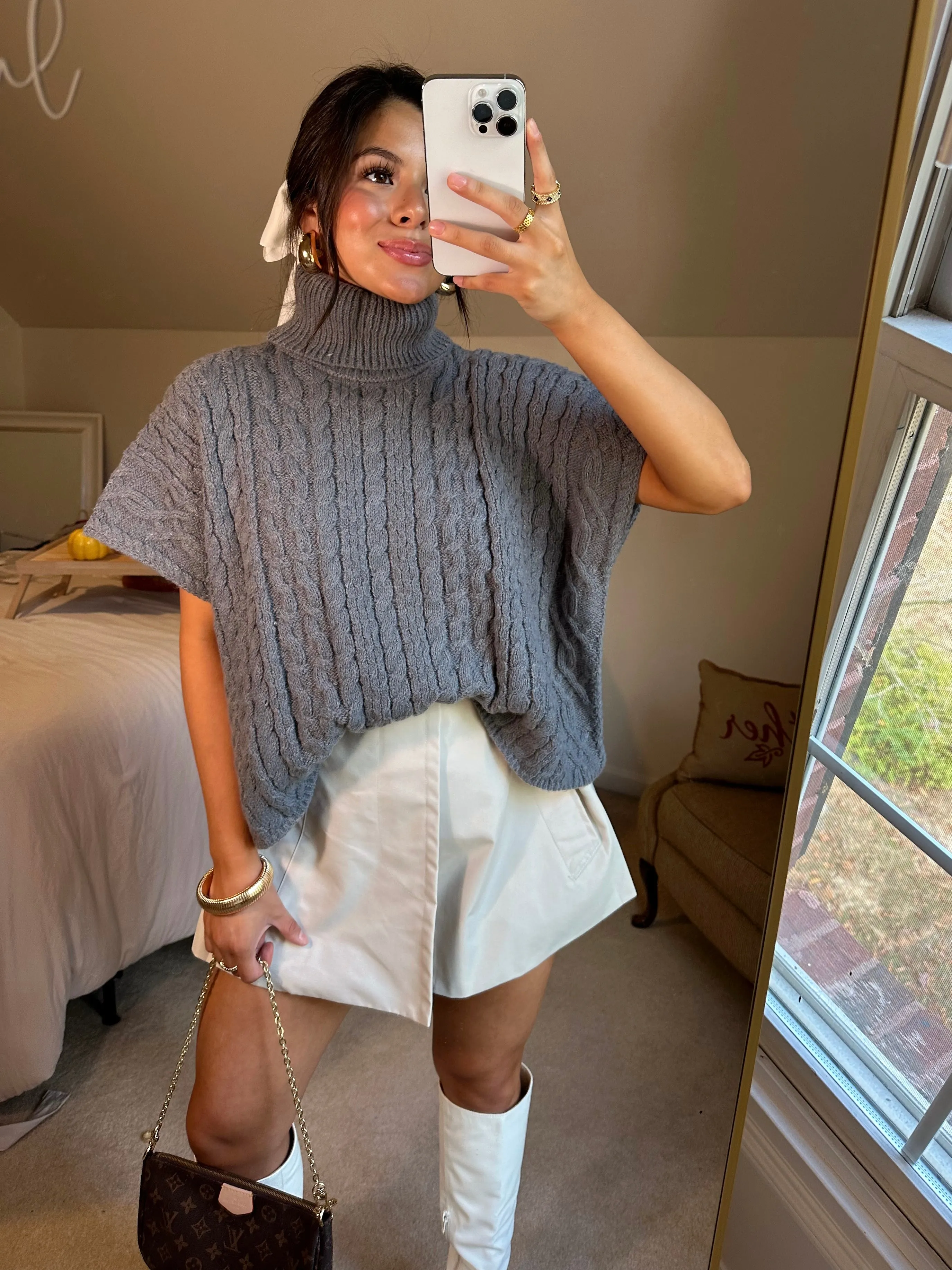 Grey Turtleneck Short Sleeve Sweater