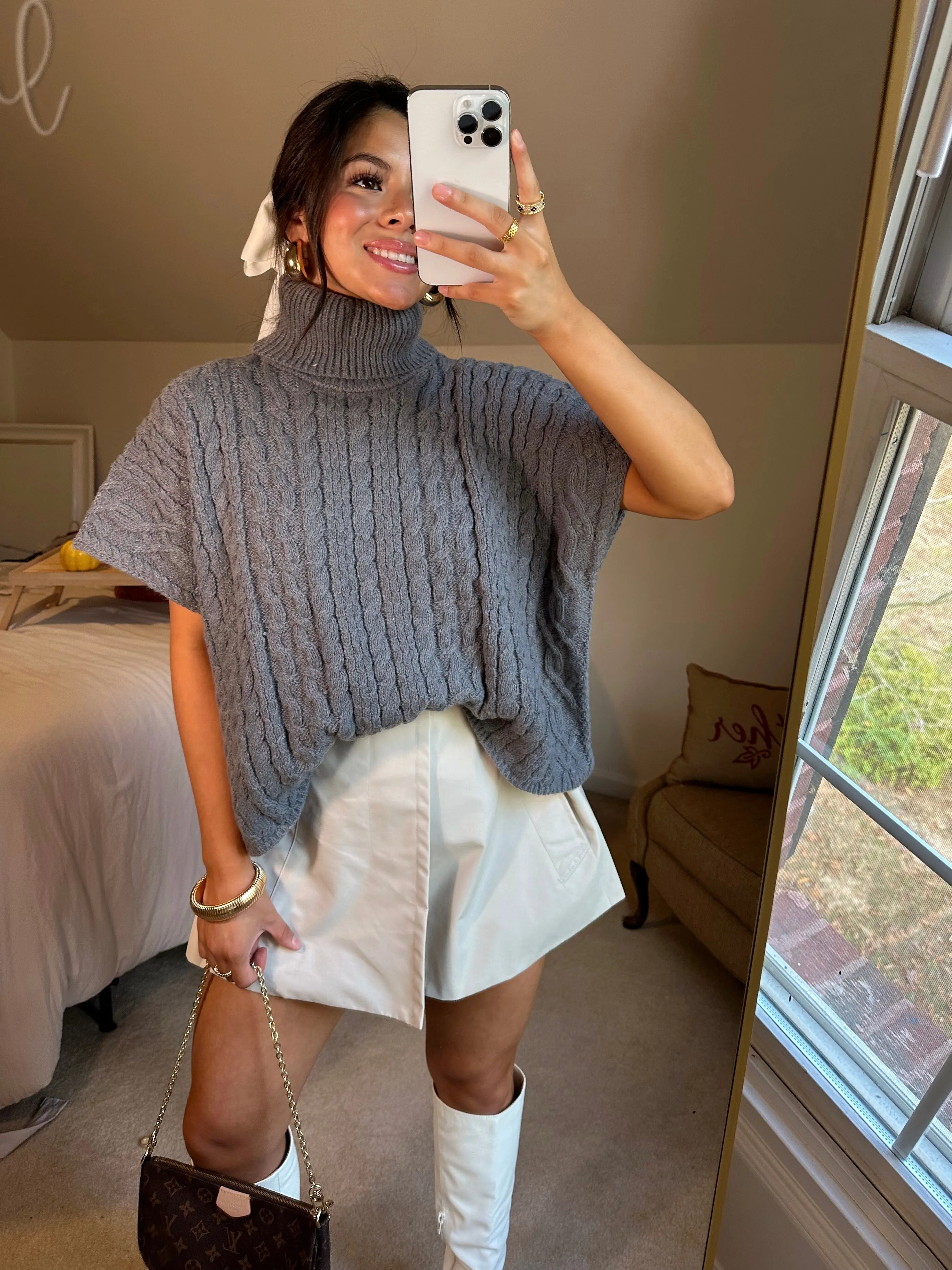 Grey Turtleneck Short Sleeve Sweater