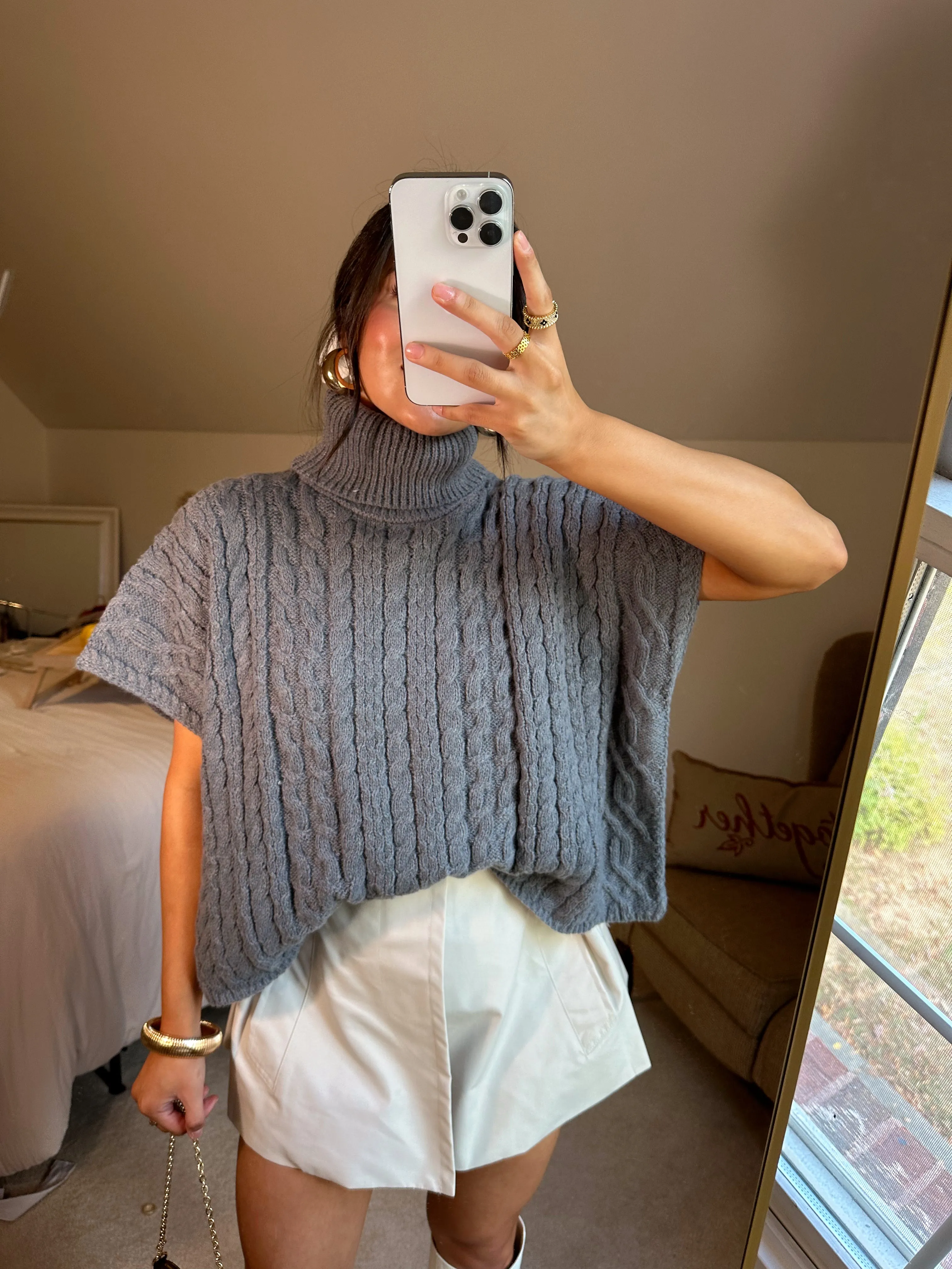 Grey Turtleneck Short Sleeve Sweater