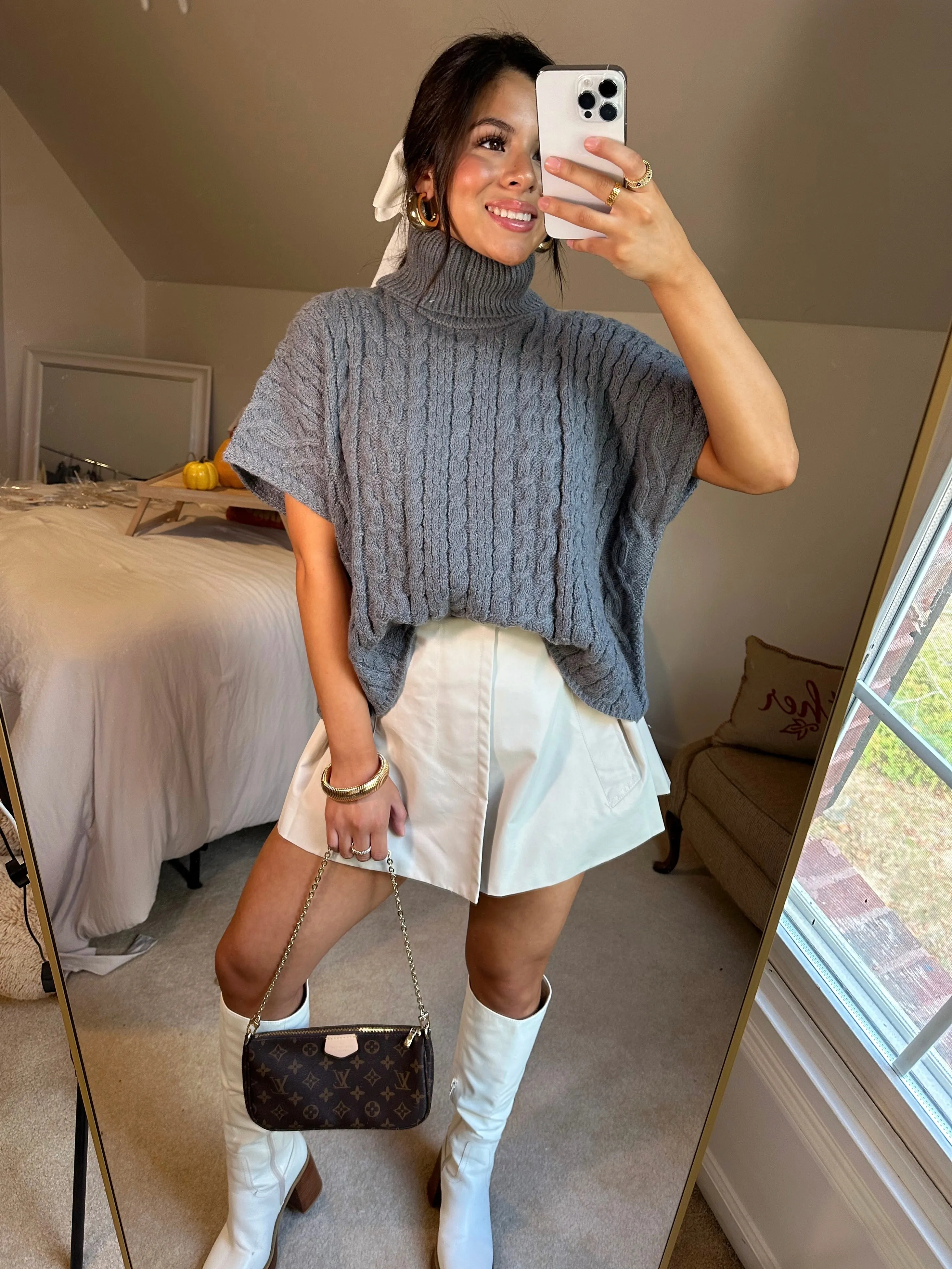 Grey Turtleneck Short Sleeve Sweater