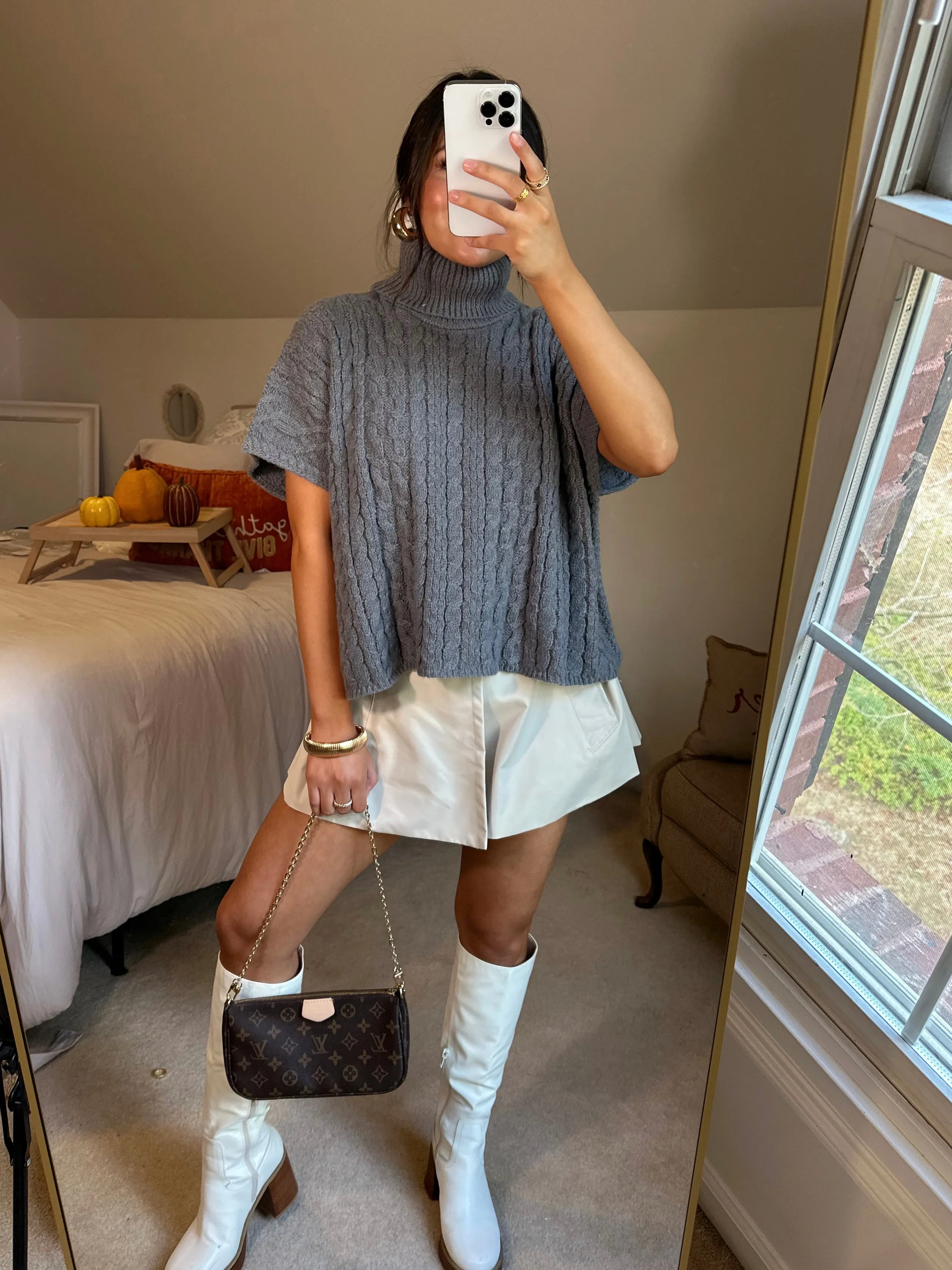 Grey Turtleneck Short Sleeve Sweater