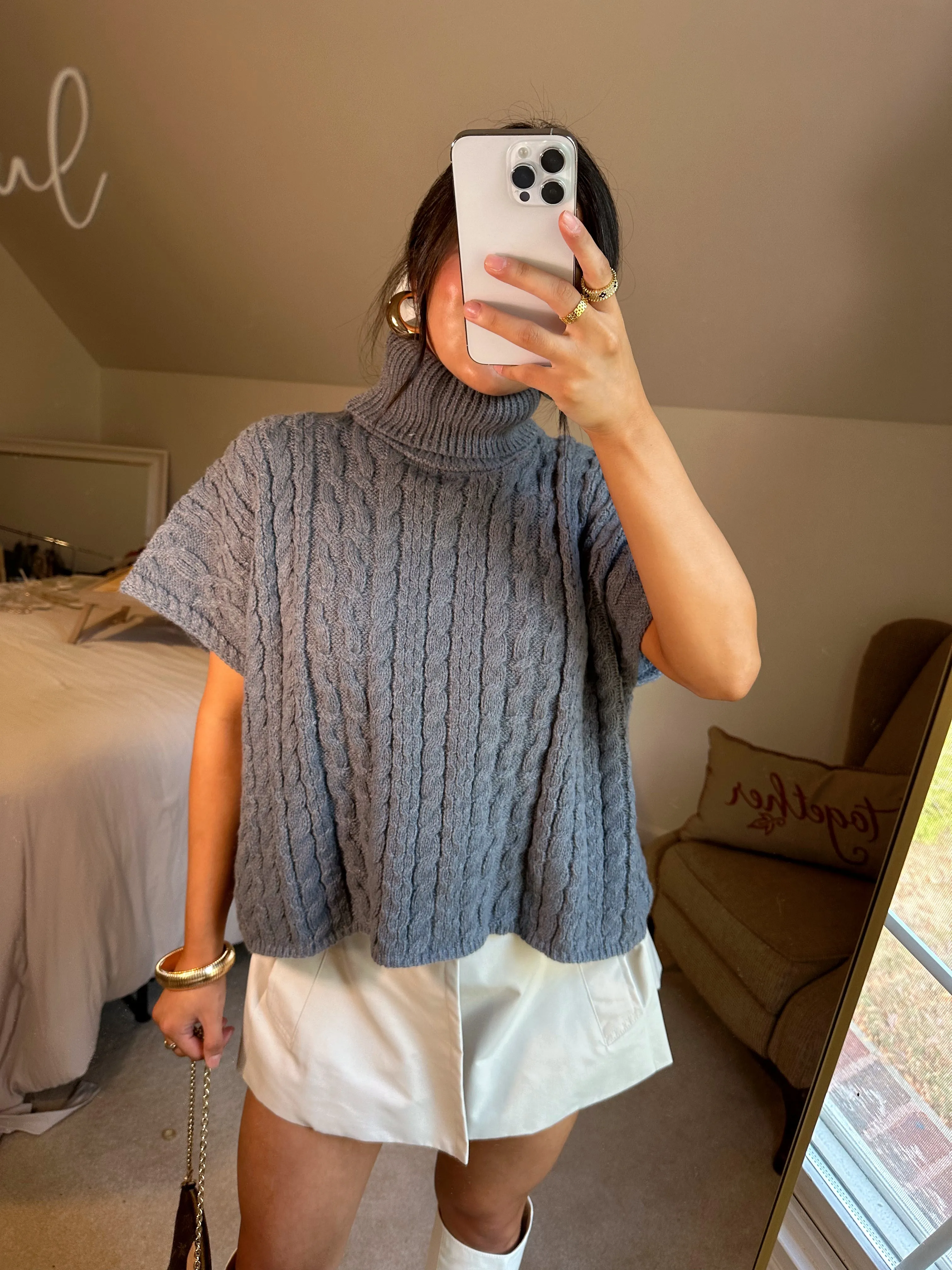 Grey Turtleneck Short Sleeve Sweater