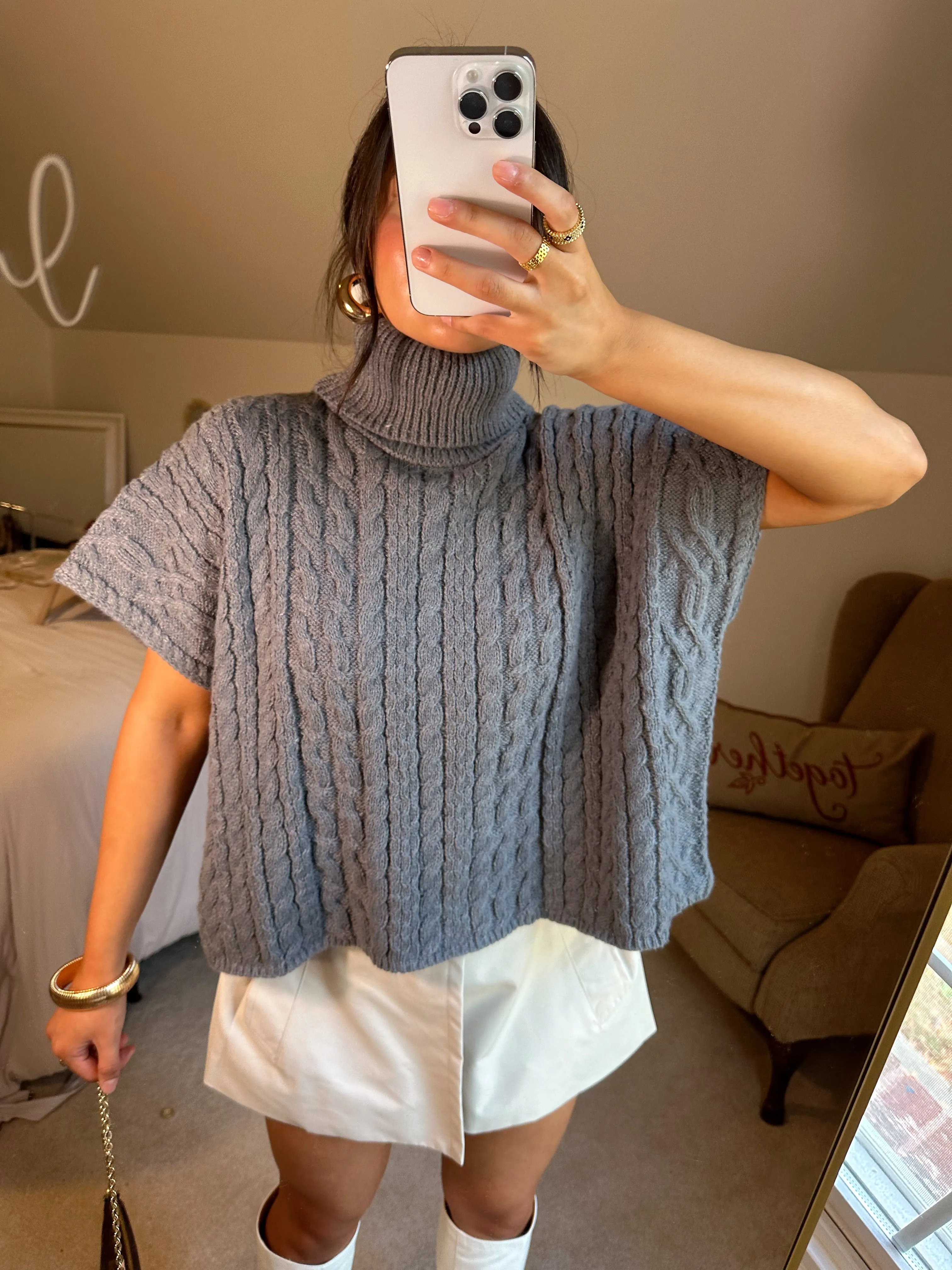 Grey Turtleneck Short Sleeve Sweater