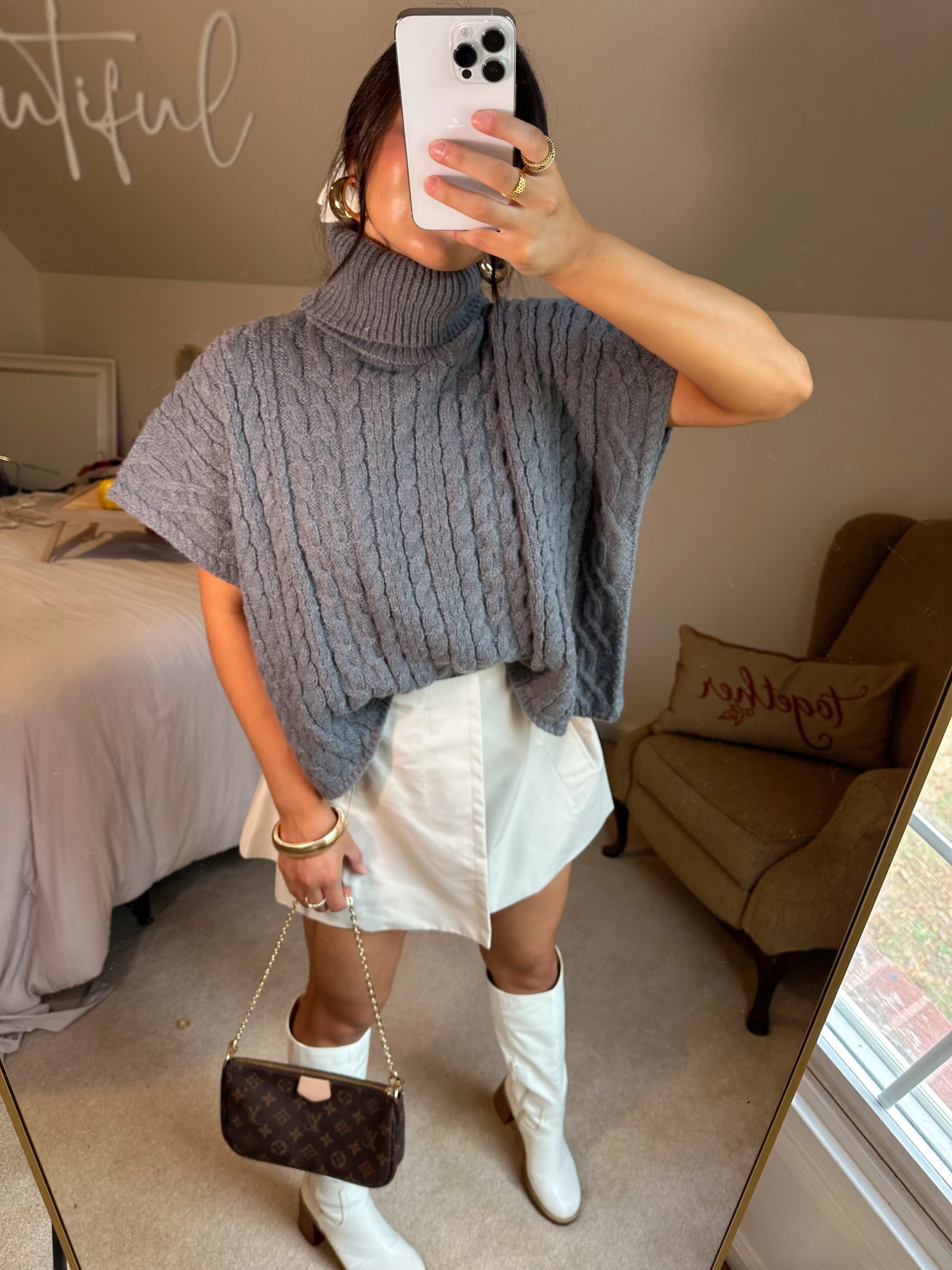 Grey Turtleneck Short Sleeve Sweater