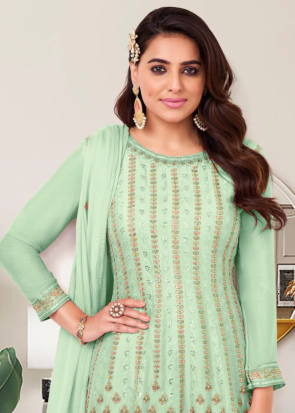 Heavy Chinon Gorgeous Aqua Green Festive Look Palazzo Salwar Suit