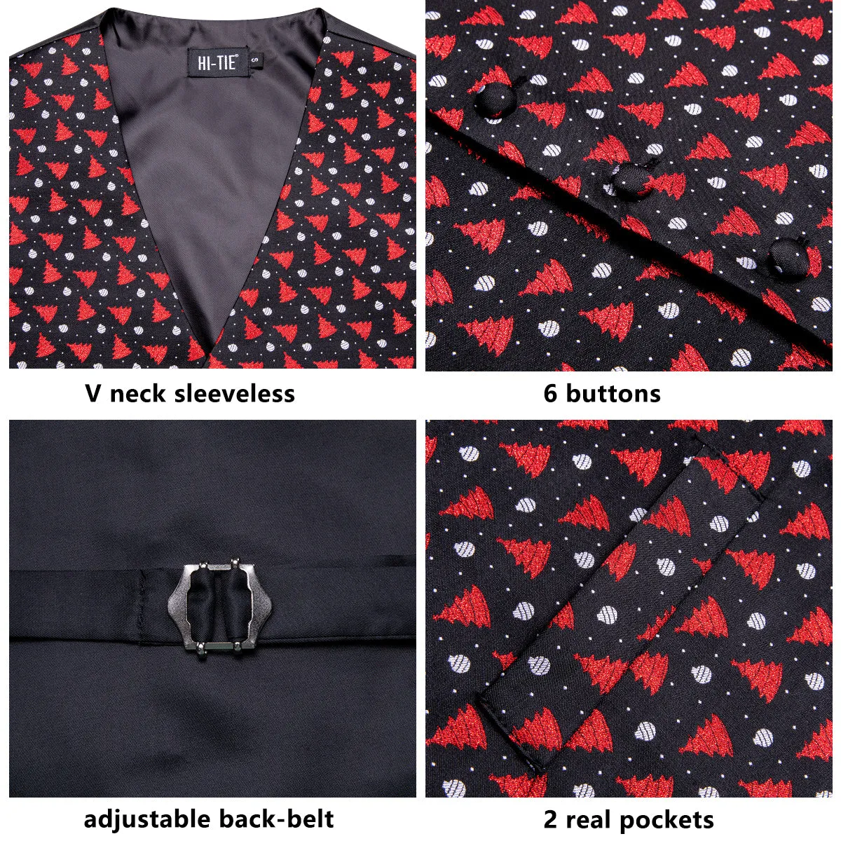 Hi-Tie Black Red Christmas Tree Men's Vest Hanky Cufflinks Tie Set