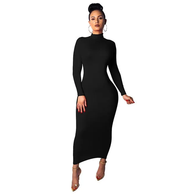 High Neck Long Sleeve Maxi Bodycon Dress Pencil Red Black