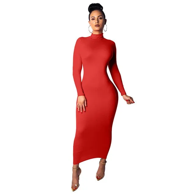 High Neck Long Sleeve Maxi Bodycon Dress Pencil Red Black