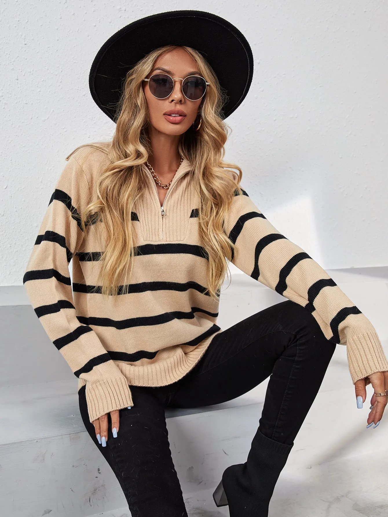 High Neck Striped Long Sleeve Zipper Sweater