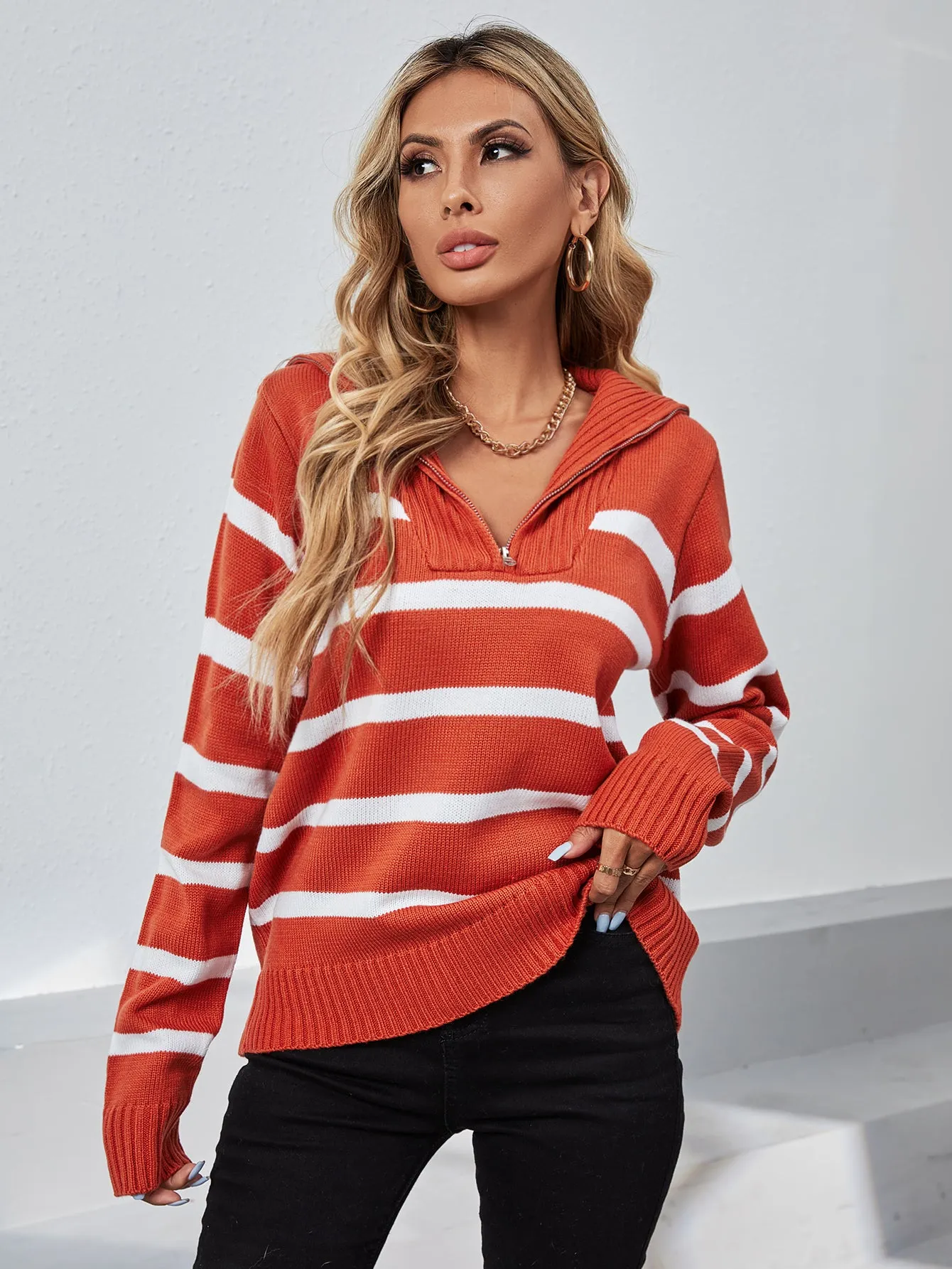 High Neck Striped Long Sleeve Zipper Sweater