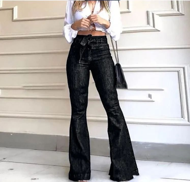 High-Rise Micro-Elastic Lace-Up Flared Trousers Wide-Leg Jeans - Women's Bottom