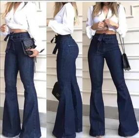 High-Rise Micro-Elastic Lace-Up Flared Trousers Wide-Leg Jeans - Women's Bottom