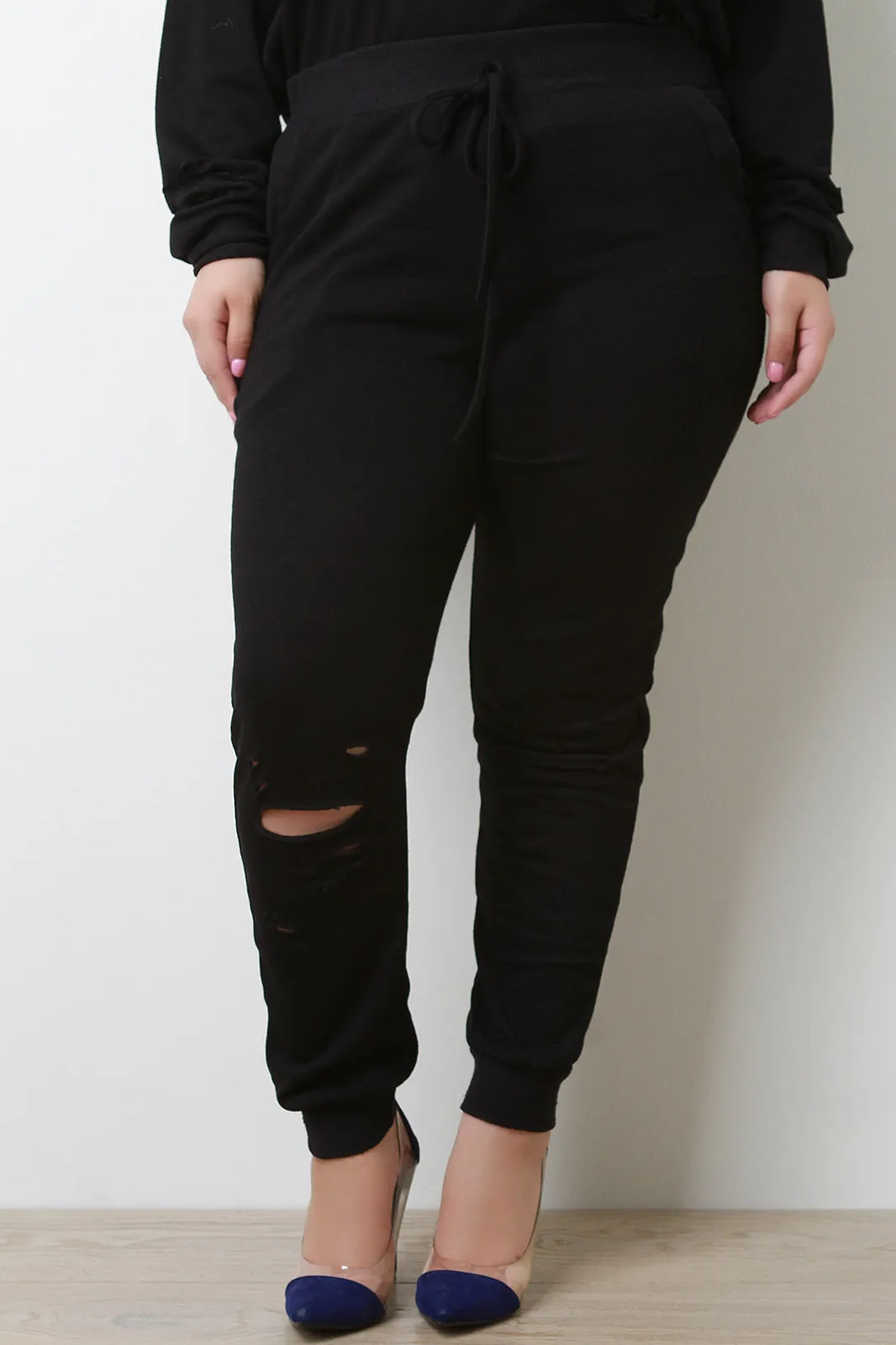 High Waist Distressed French Terry Jogger Pants