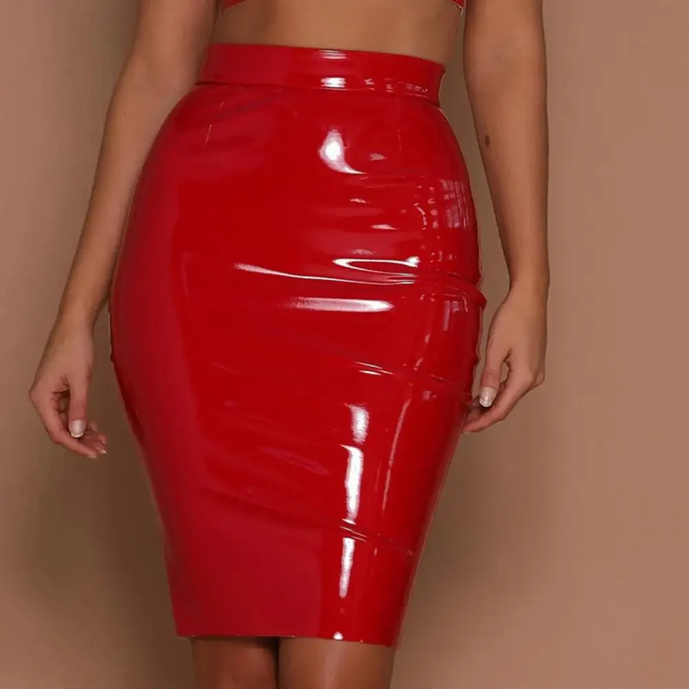 High Waist Shiny Faux Leather Pencil Skirt