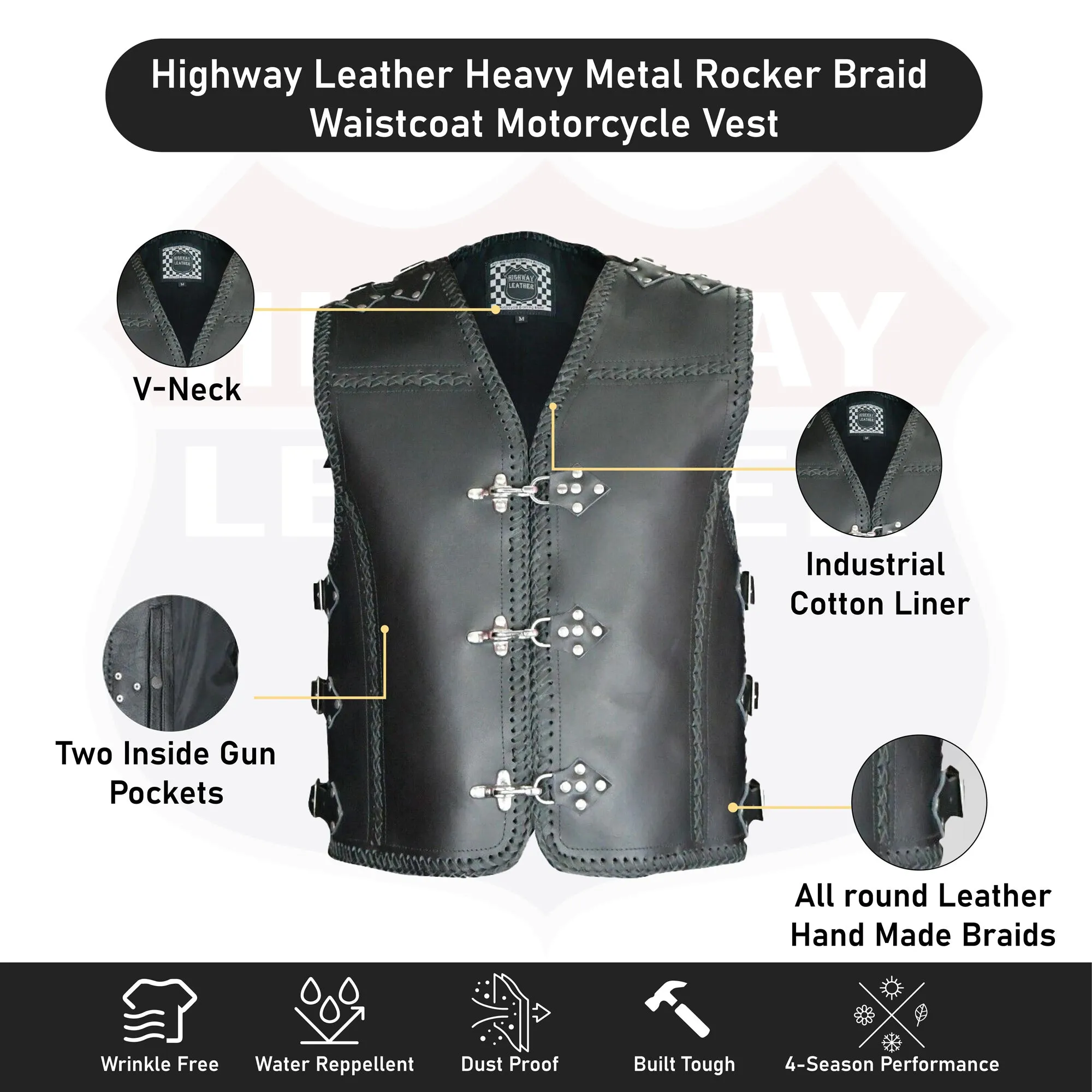 HL11751HDBLACK Heavy Metal Rocker Black Braid Waistcoat Motorcycle Vest