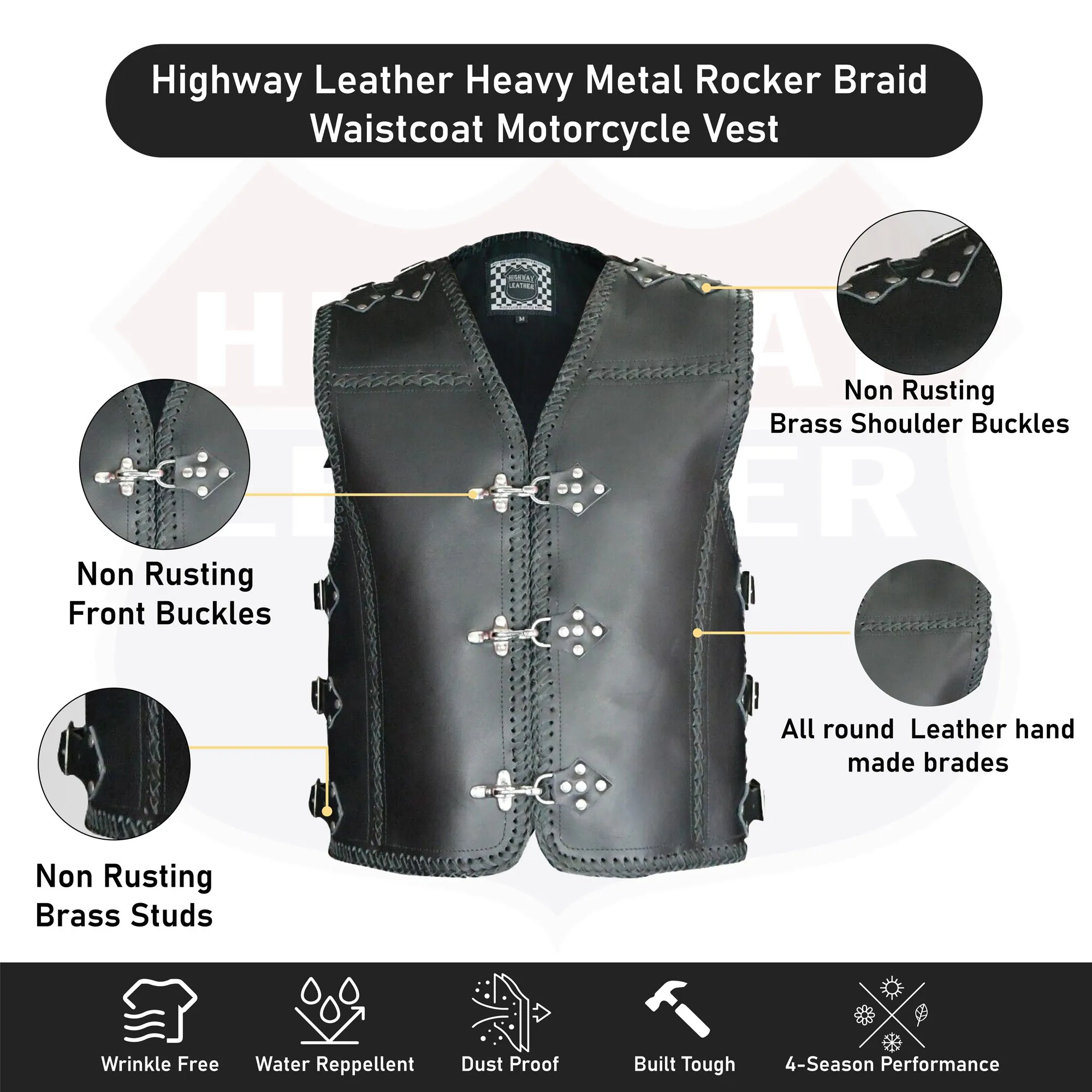 HL11751HDBLACK Heavy Metal Rocker Black Braid Waistcoat Motorcycle Vest