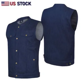 HL21689BLUE Biker Denim Club Style Anarchy Blue Vest with Conceal Carry Gun pocket both sides