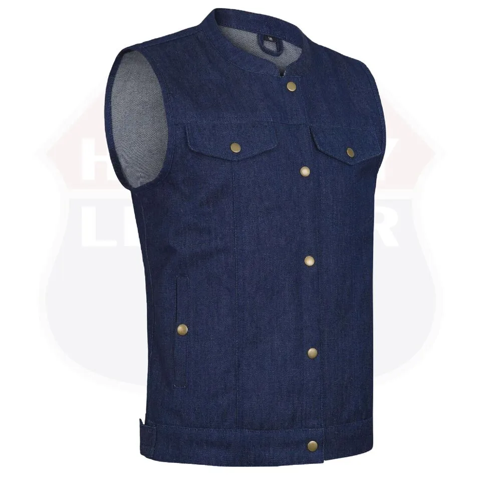 HL21689BLUE Biker Denim Club Style Anarchy Blue Vest with Conceal Carry Gun pocket both sides