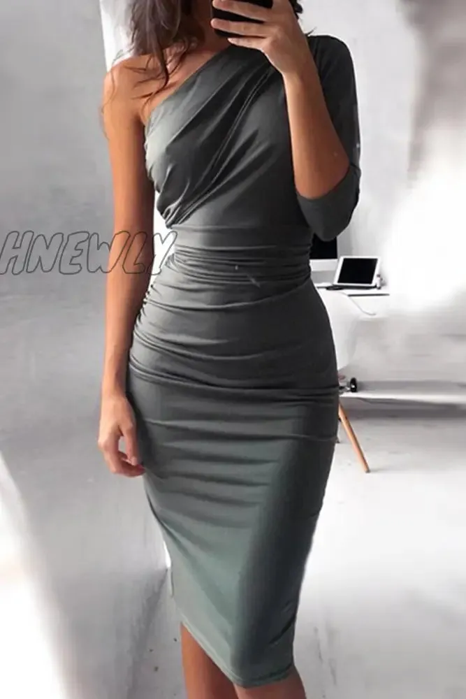 Hnewly - Sexy Solid Patchwork One Shoulder Pencil Skirt Dresses(5 Colors)