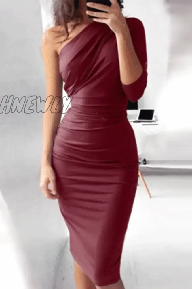 Hnewly - Sexy Solid Patchwork One Shoulder Pencil Skirt Dresses(5 Colors)