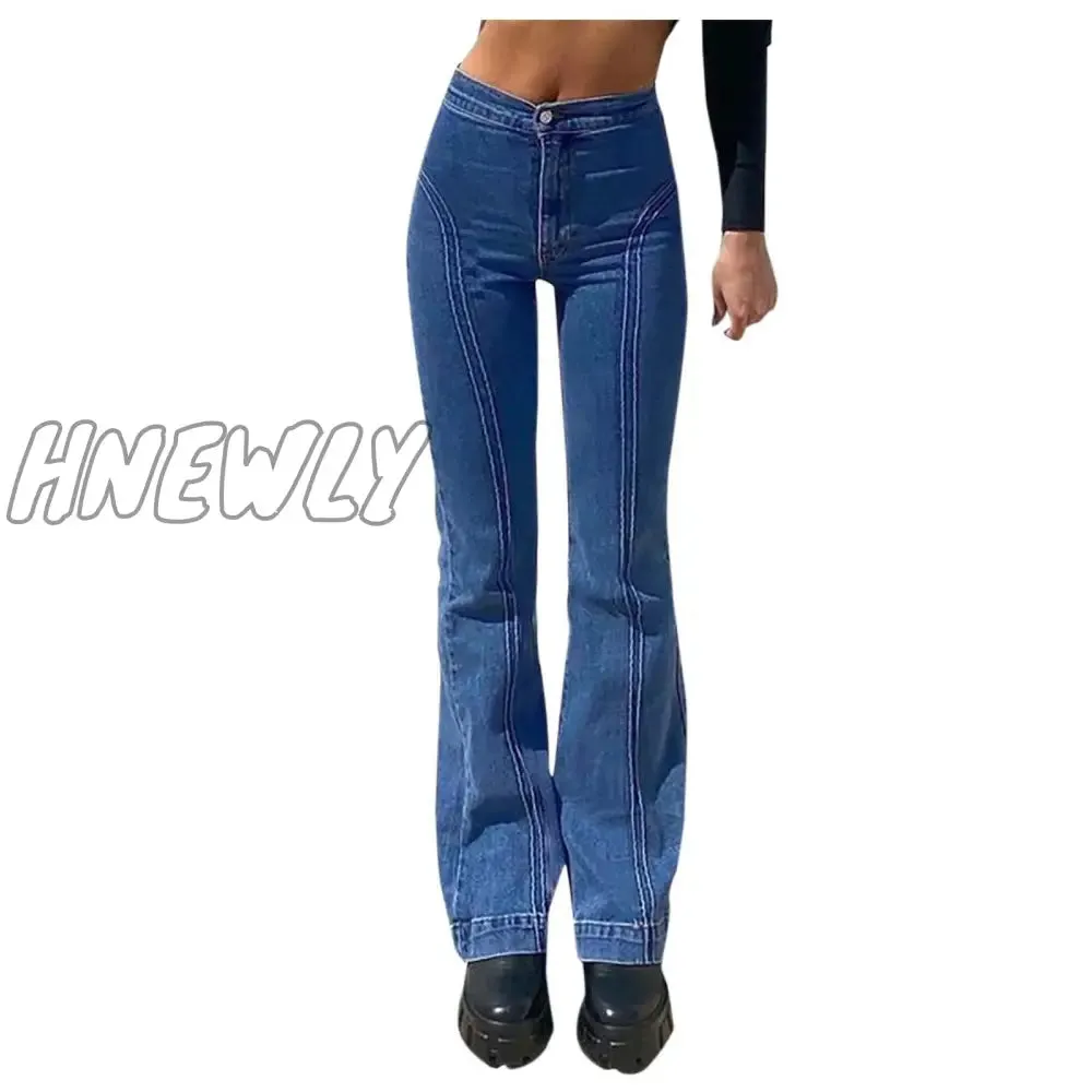 Hnewly Y2k Retro Low Rise Bell Bottom Jeans Indie Aesthetic Egirl Pants Sexy Dark Blue Denim Flared Trousers