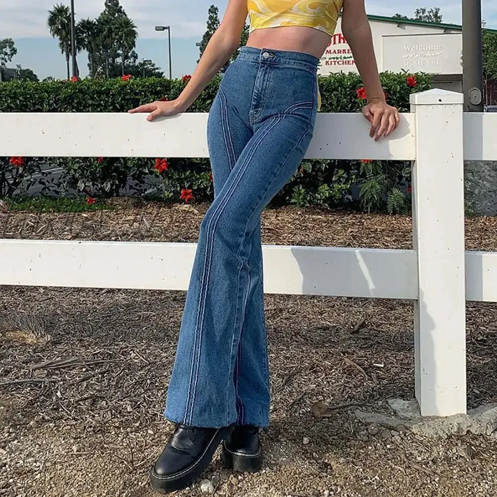 Hnewly Y2k Retro Low Rise Bell Bottom Jeans Indie Aesthetic Egirl Pants Sexy Dark Blue Denim Flared Trousers