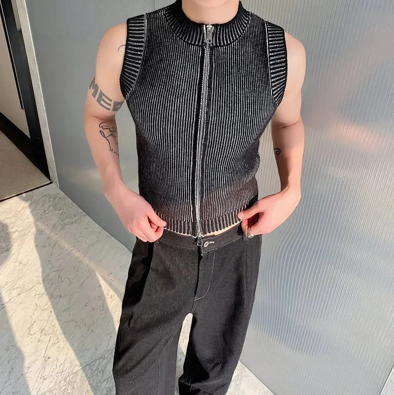 Hnzxzm Knitted Vest Men's Stand Collar Handsome Sweater Vest Korean Streetwear Male Clothing 2024 Spring Summer Fashion New