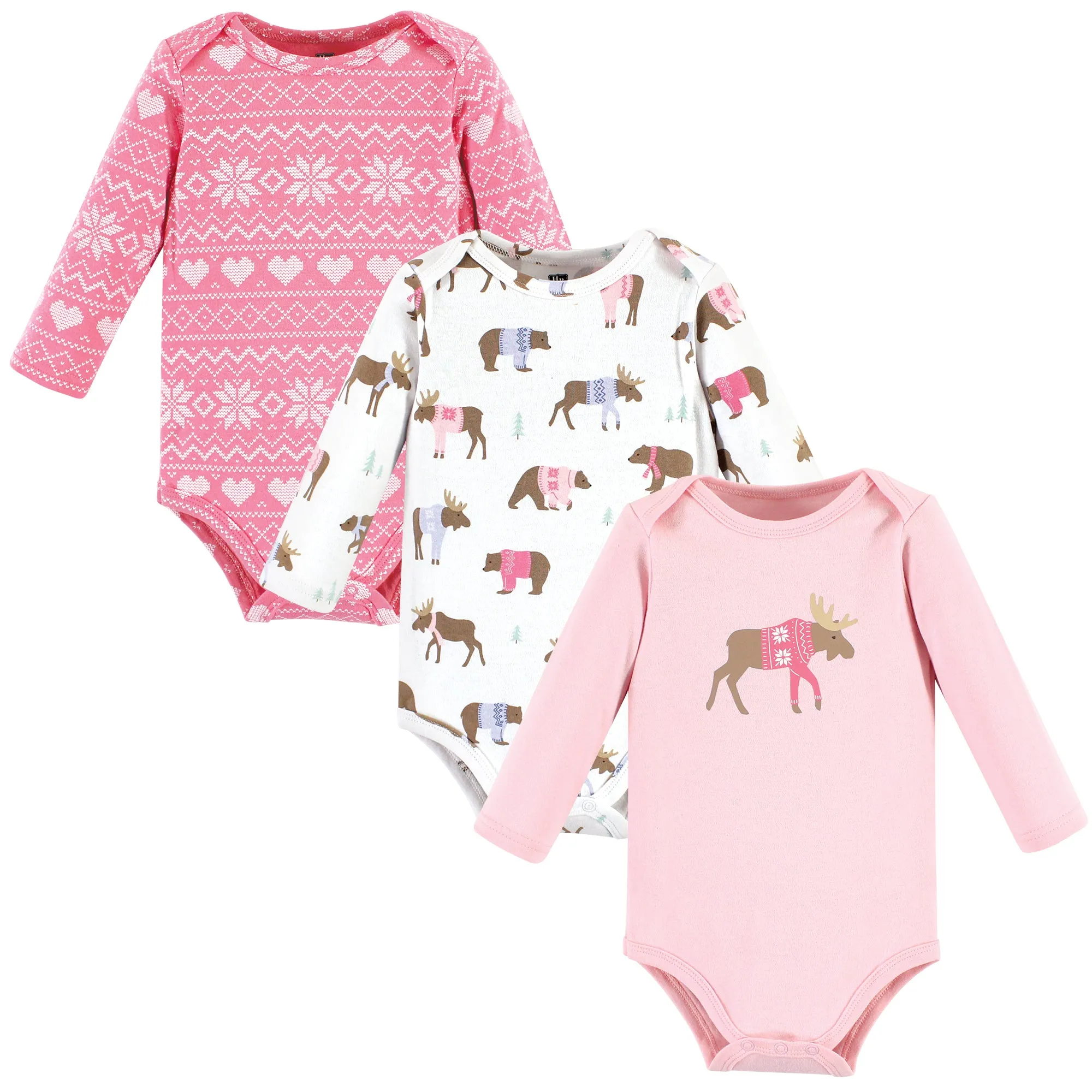 Hudson Baby Cotton Long-Sleeve Bodysuits, Pink Moose Bear